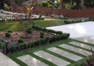 artificial grass between stepping stones in a garden