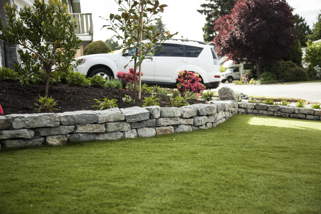 basalt garden wall, artificial turf