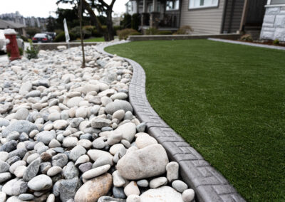 River rock, curb ease edging, artificial grass, low maintenance yard